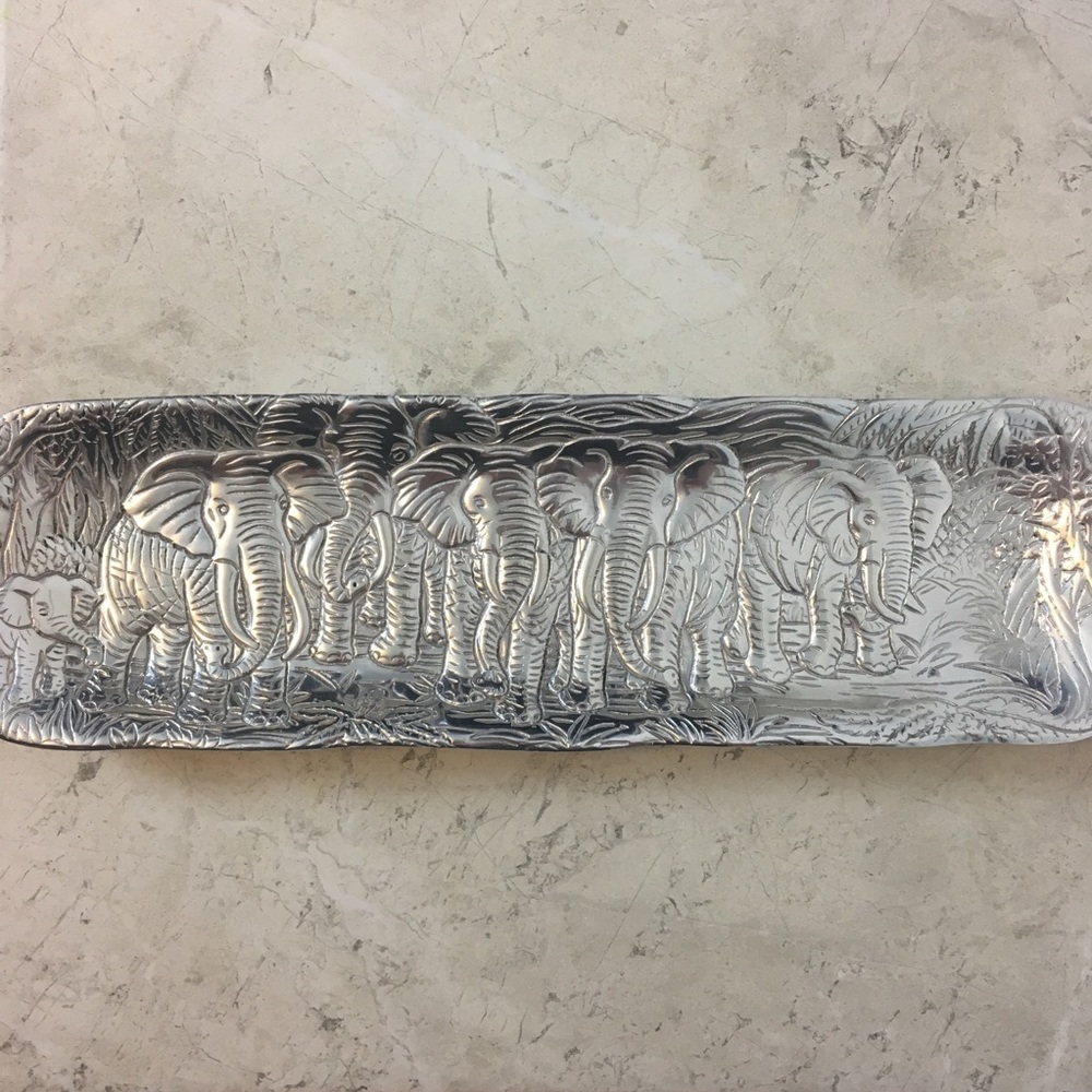 Decorative Elephant Embossed Metal Tray - Silver